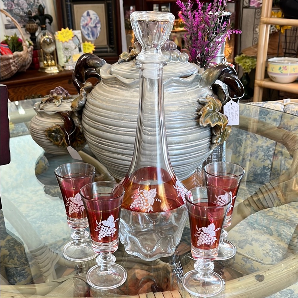 Mid century, Lubiana Glass Clear/ Ruby flash decanter, with 4 Cordials